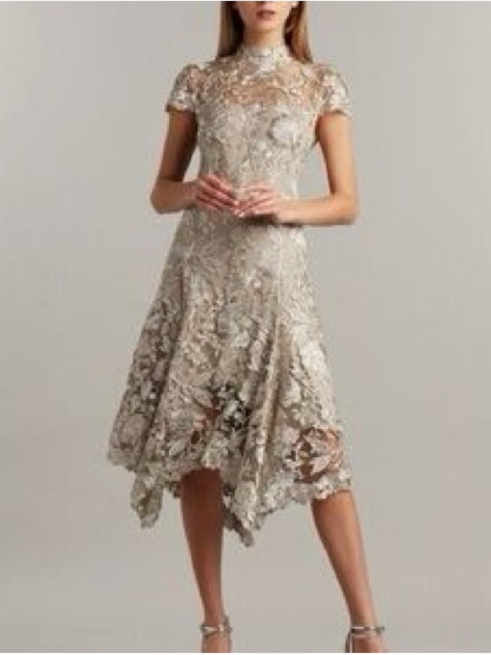 Tadashi Shoji Champagne Capped Sleeve Lace Sheath Midi Cocktail Dress Size 8